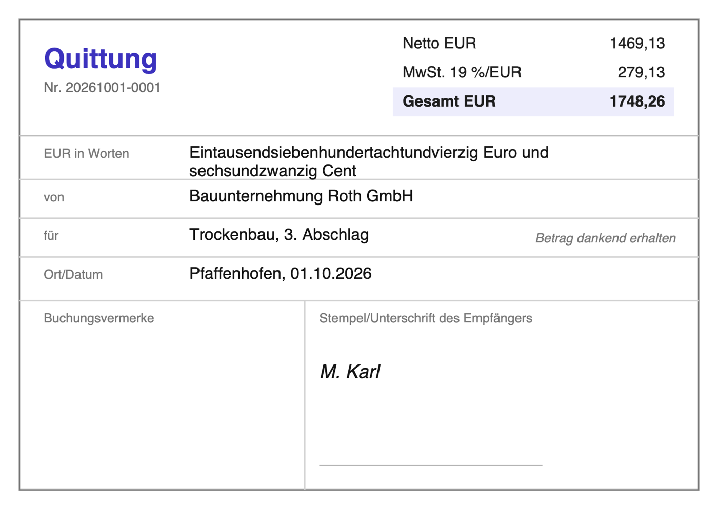 Fertige Quittung über 1.748,26 Euro