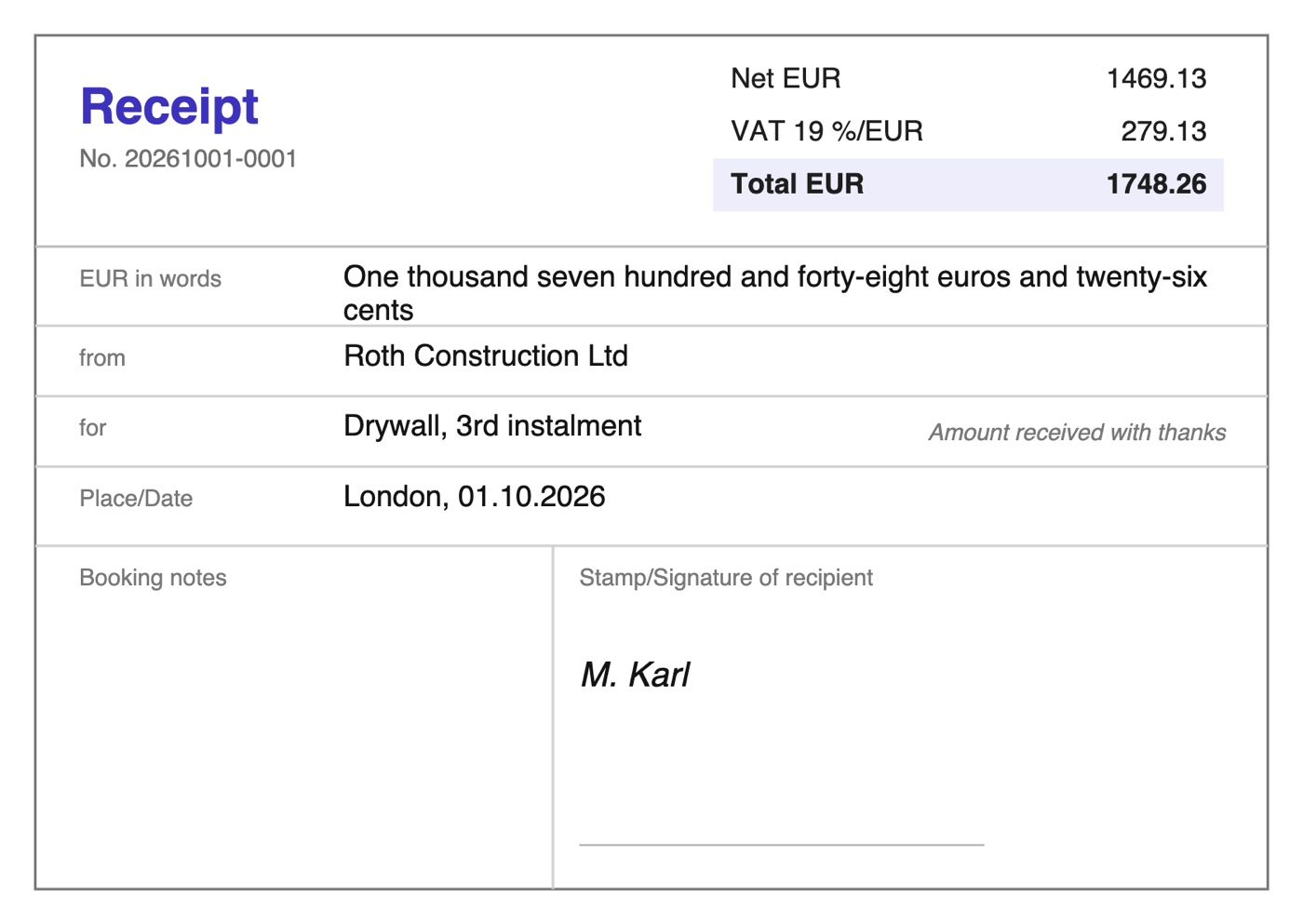 Finished receipt for 1,748.26 euros