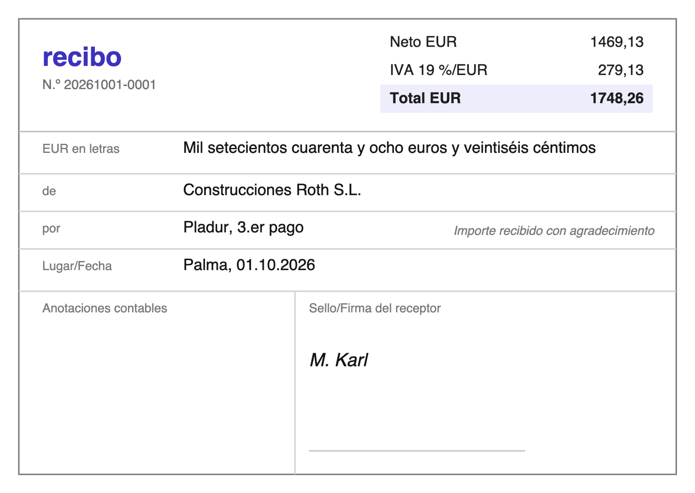 Recibo terminado por 1.748,26 euros