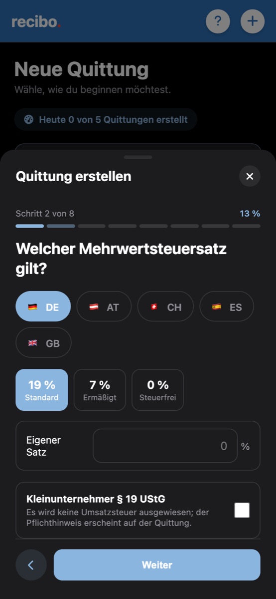 Steuersatz wählen in der App