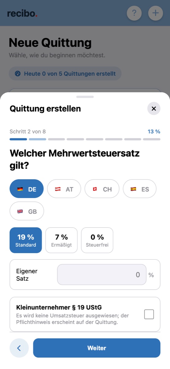 Steuersatz wählen in der App