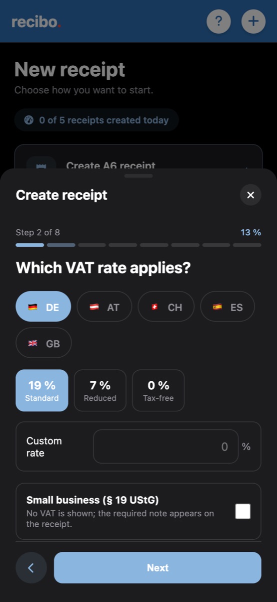 Choosing the tax rate in the app