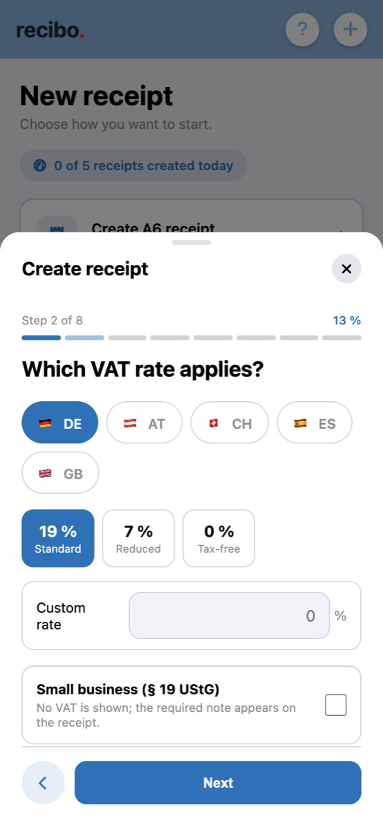 Choosing the tax rate in the app