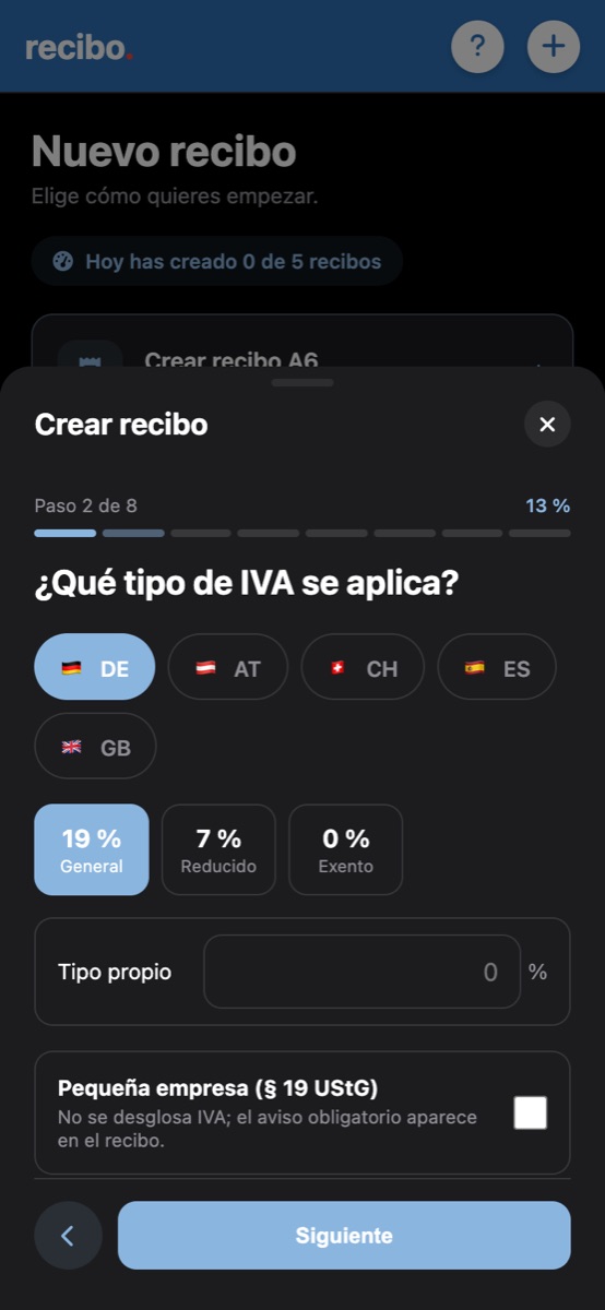 Paso del tipo de IVA en la app