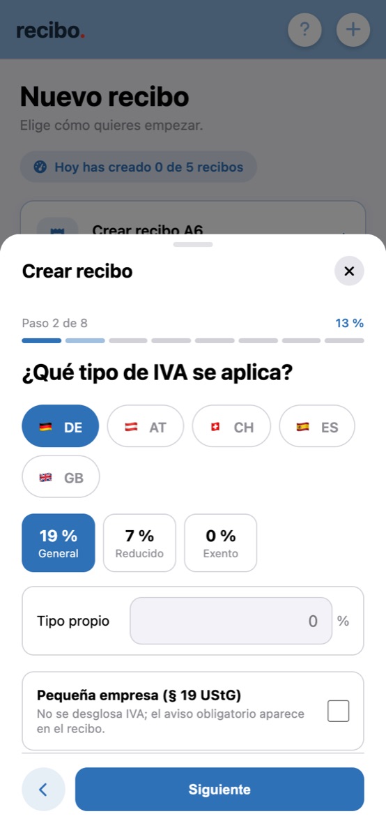 Paso del tipo de IVA en la app