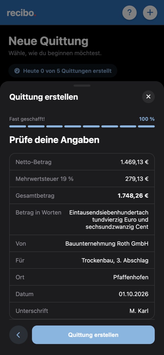 Angaben prüfen vor dem Erstellen