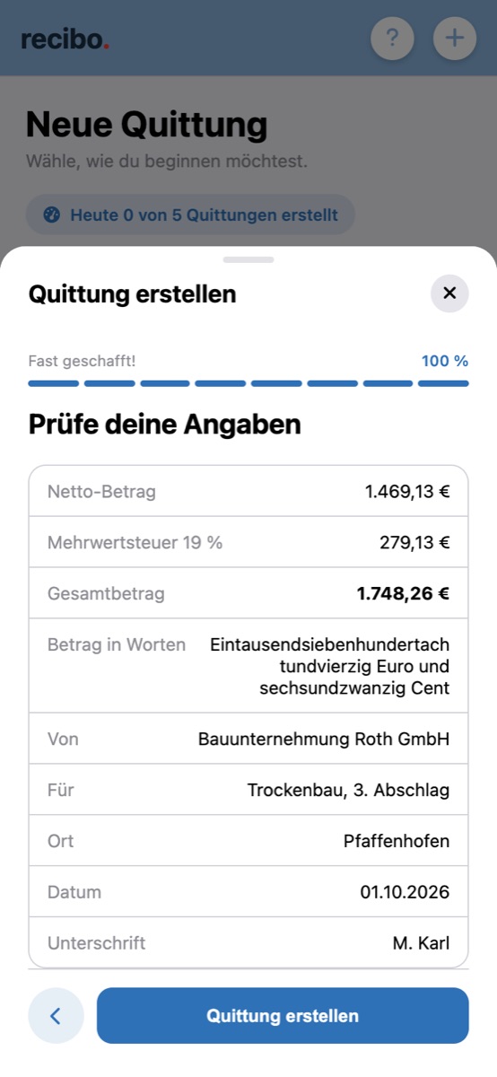 Angaben prüfen vor dem Erstellen